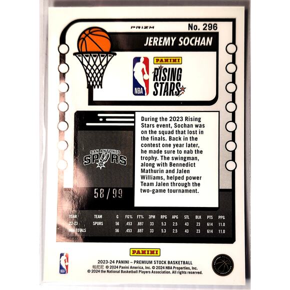2023-24 NBA Hoops Premium Stock Rising Stars JEREMY SOCHAN #296 Blue Disco 58/99 - Picture 2 of 2